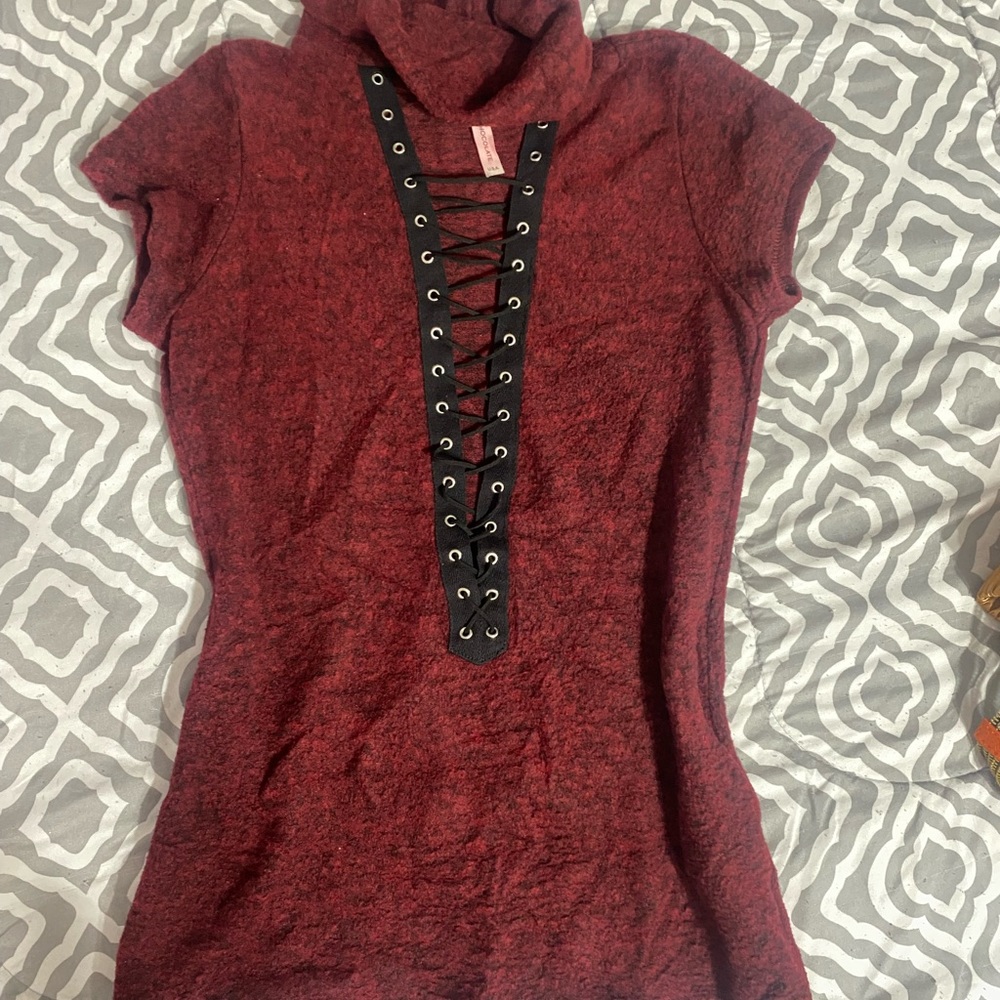 Chocolate Maroon Lace-Up Short Sleeve Top